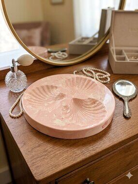 Vintage Mid-Century Style Faux-Marble Seashell Vanity/Trinket Dish Pink White
